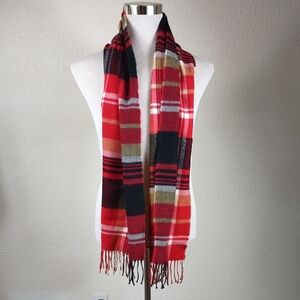 100% Cashmere Scarf Hand Tailored Red Black Tan Plaid